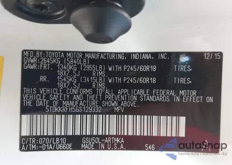 2016 Toyota Highlander Xle V6 from USA, damaged, VIN 5TDKKRFH5GS129332